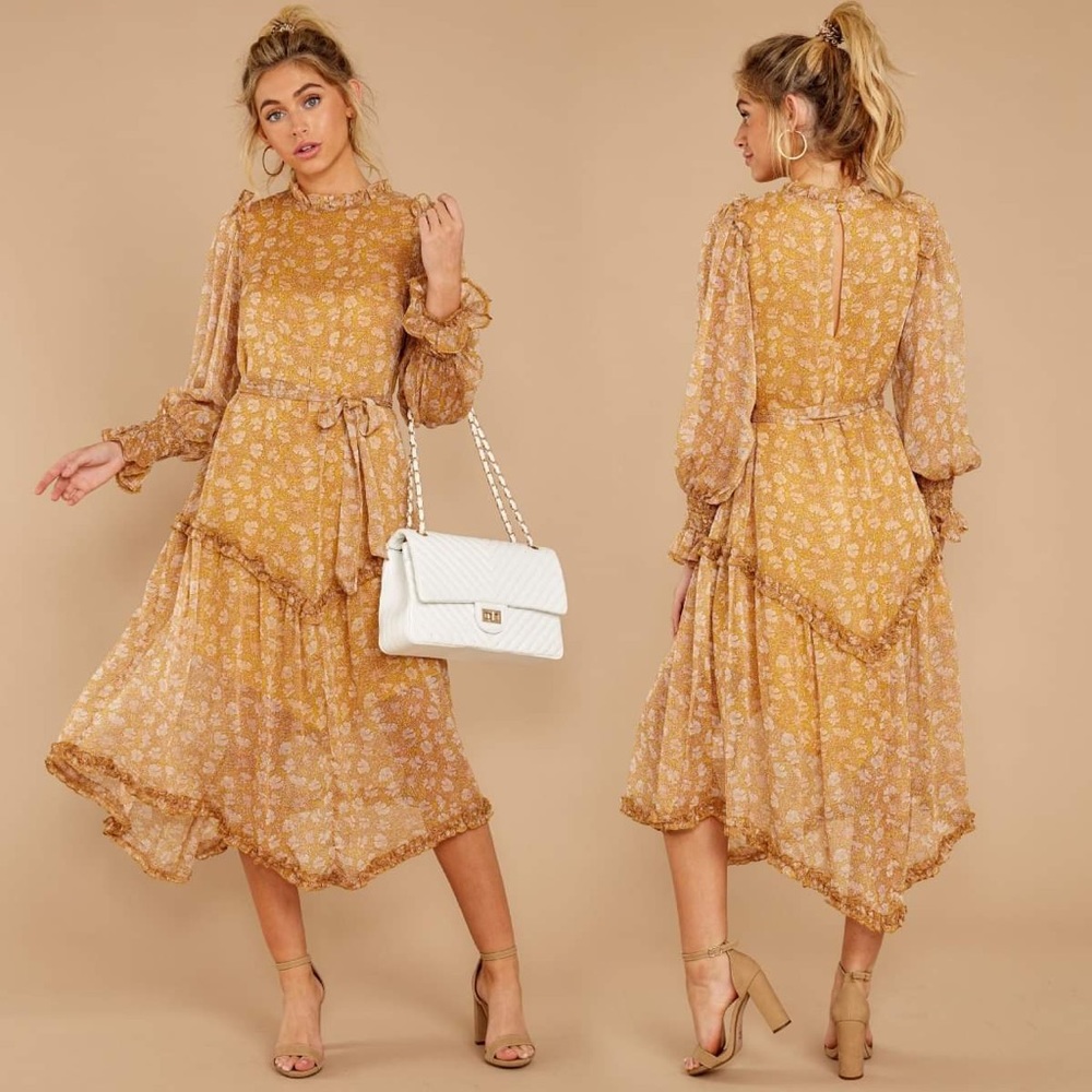 Brown floral chiffon midi dress size small